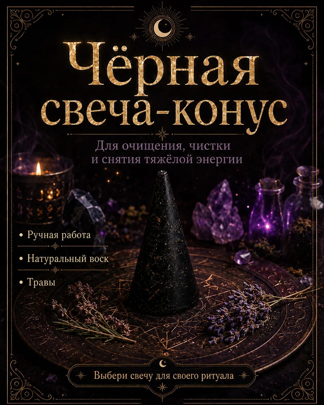Чёрная свеча-конус для очищения