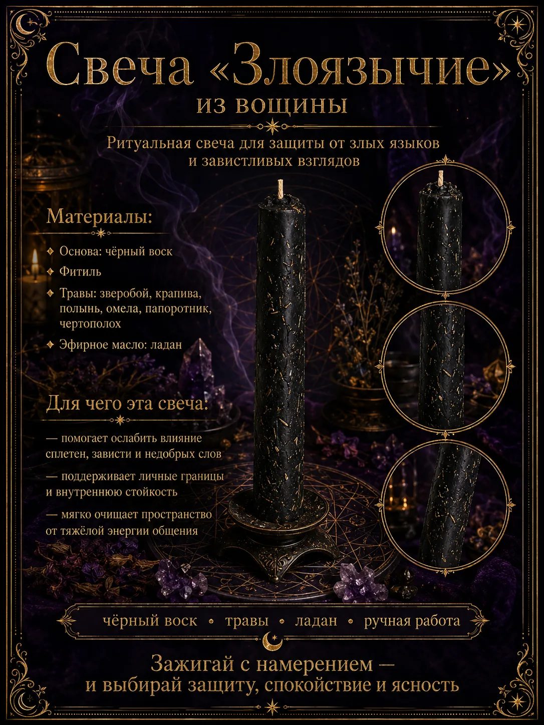 Свеча «Злоязычие» из чёрной вощины
